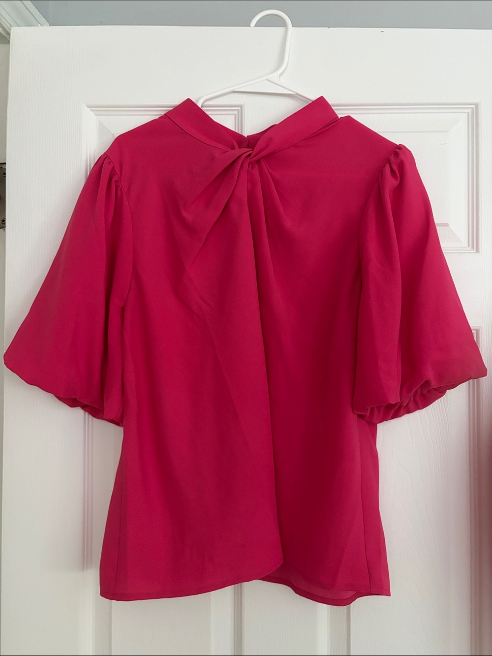 LOFT Bright Fuchsia Tie-Neck Puff Sleeve Blouse